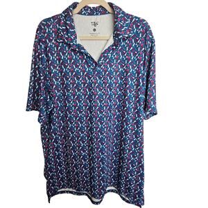 1764 Mens Golf Polo Shirt Wine Grapes Print Size L Blue Stretch Athletic Novelty